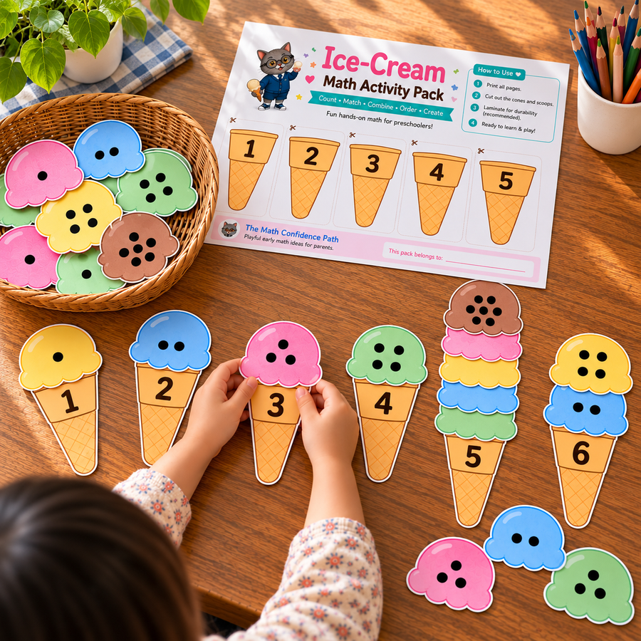 Ice-Cream Math Activity Pack with numbered cones and colourful scoops.