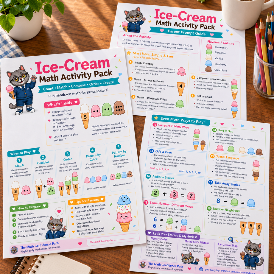 The activity pack overview showing the instruction page and parent prompt pages.