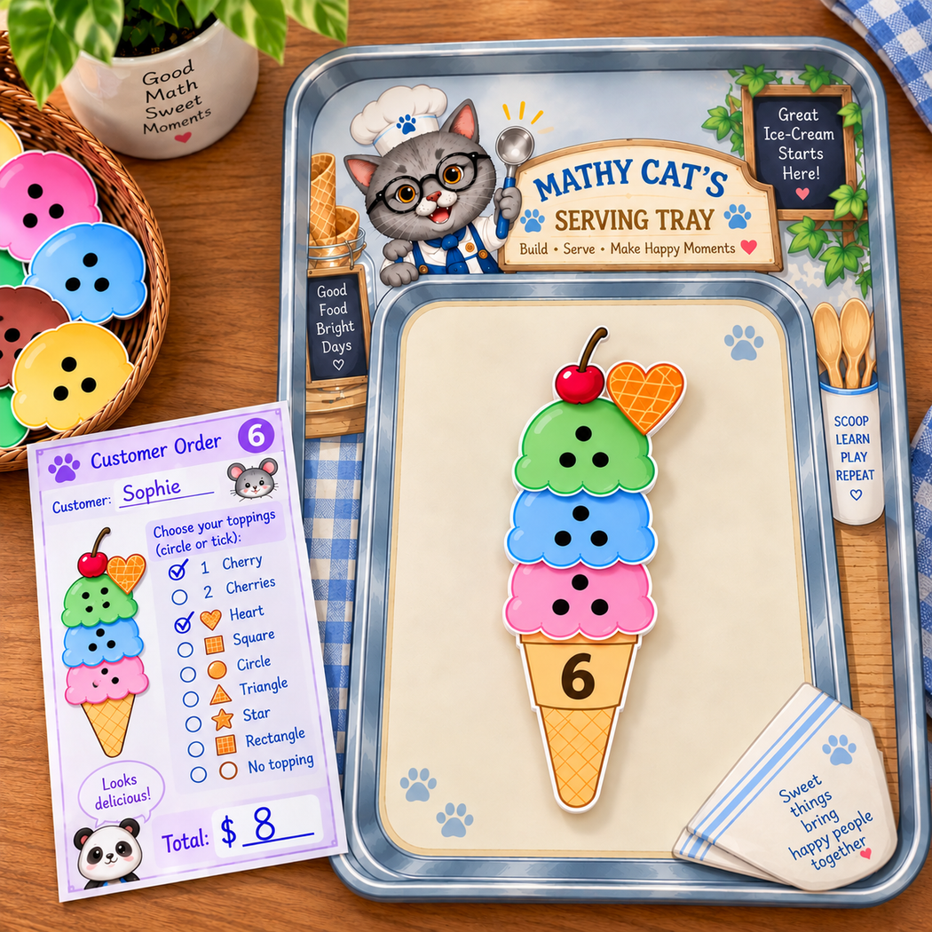 A serving tray with a Mathy Cat’s Ice-Cream Shop customer order, colourful scoops, and toppings ready to serve.