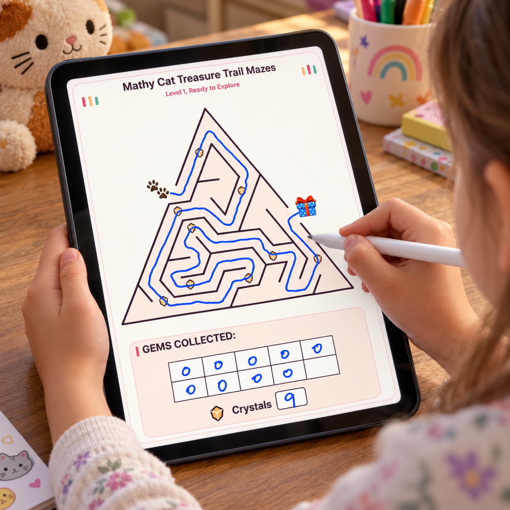 A child tracing a Mathy Cat treasure maze directly on a tablet.