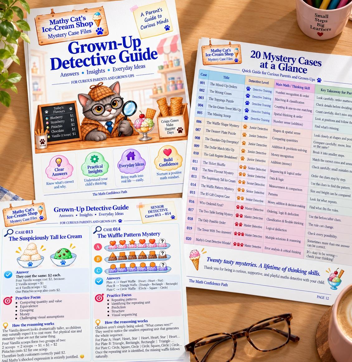 Grown-Up Detective Guide and 20 Mystery Cases at a Glance showing answers, insights, everyday ideas, and the full case progression.