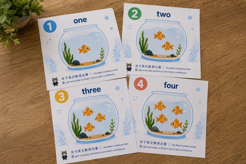Numbered Goldfish counting cards showing one through four fish.