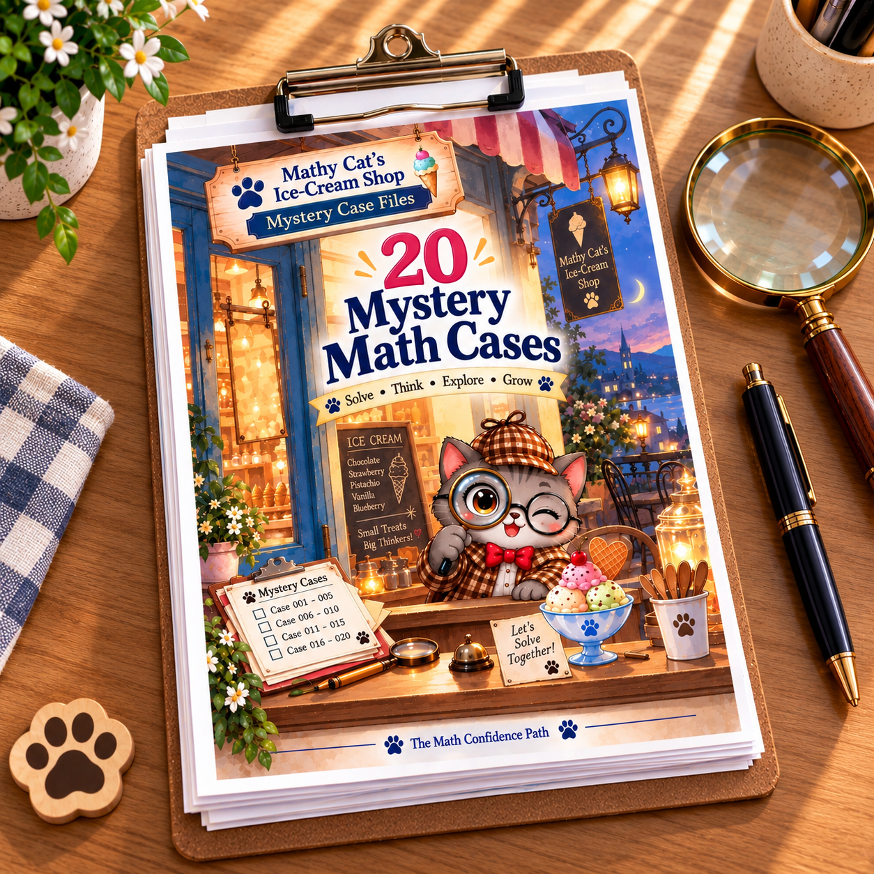 Mathy Cat’s Ice-Cream Shop Mystery Case Files cover showing Mathy Cat with a magnifying glass and 20 mystery math cases.