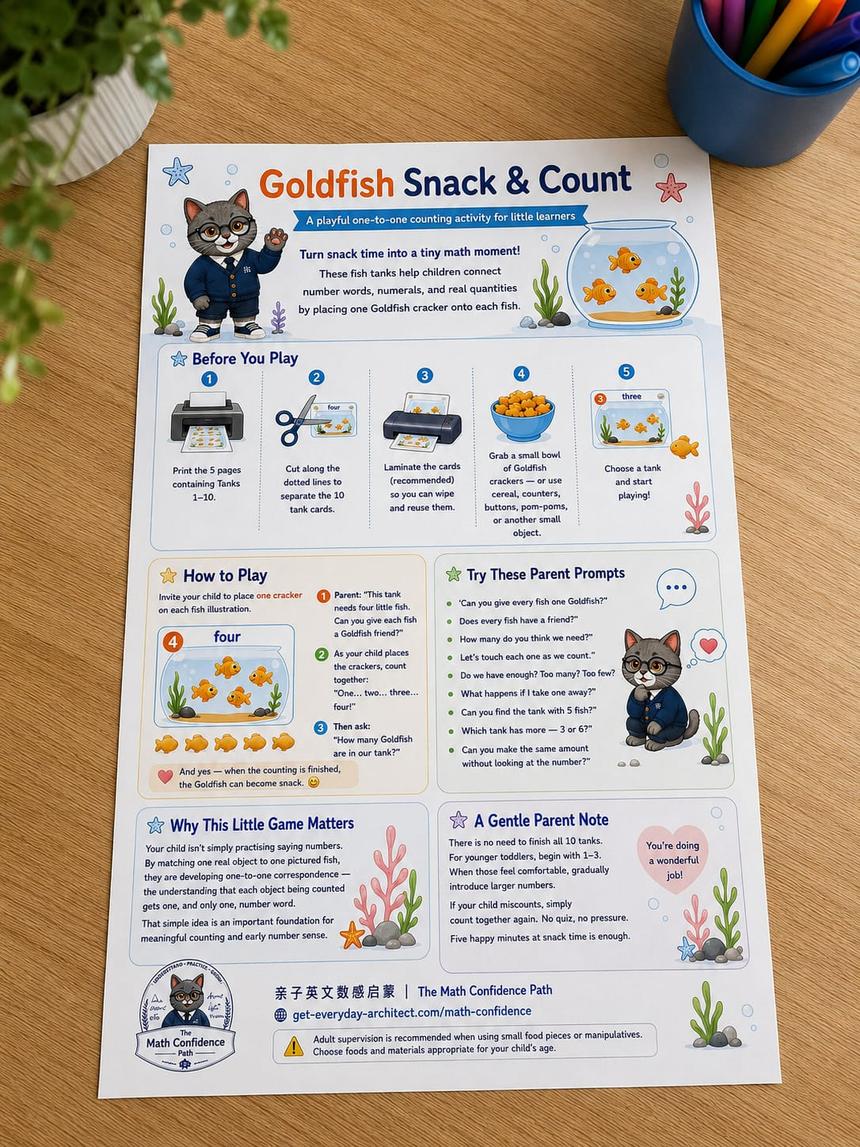 The Goldfish Snack & Count instruction sheet on a wooden table.