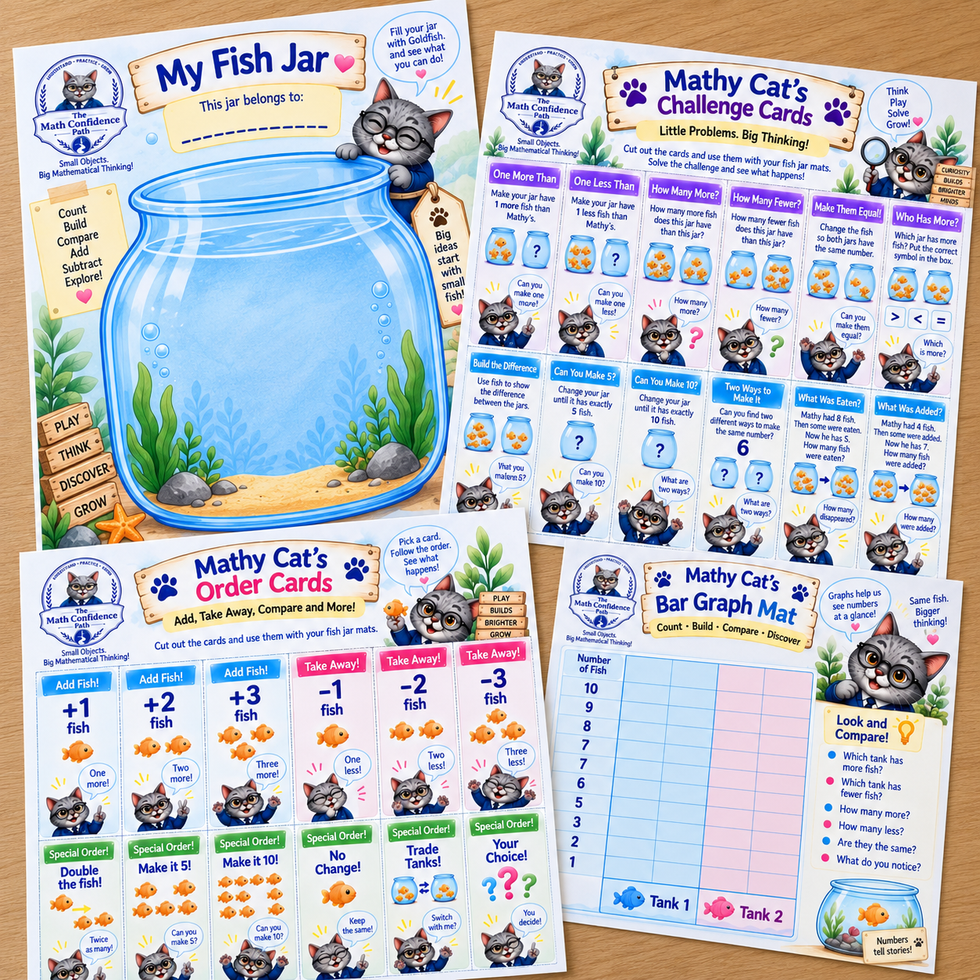 Mathy Cat’s Order Cards, Challenge Cards, comparison symbols, and Bar Graph Mat.