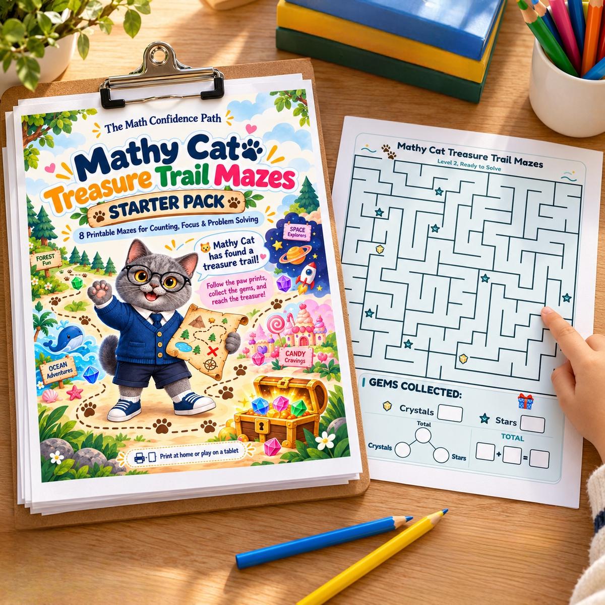 Mathy Cat Treasure Trail Mazes Starter Pack cover beside a sample maze with gems and a counting prompt.