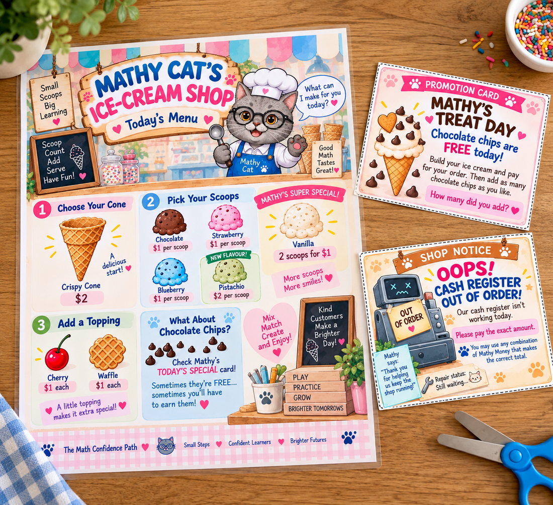 Mathy Cat’s Ice-Cream Shop menu, promotion card, and shop notice laid out on a warm wood counter.