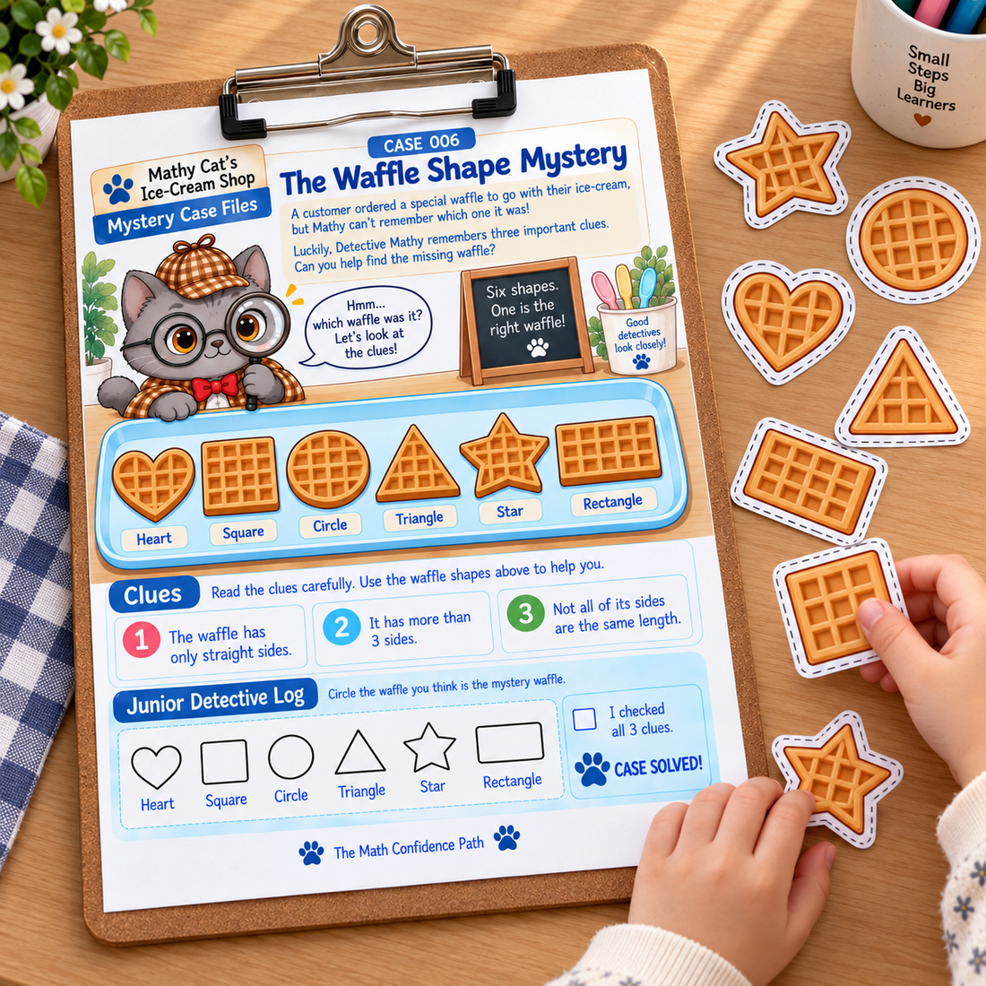 The Waffle Shape Mystery case with six waffle shapes and three clues for children to investigate.