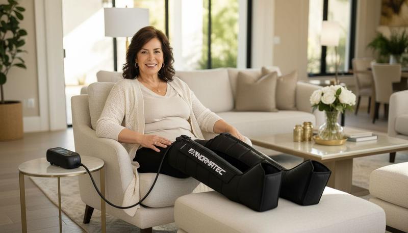 Mature woman using Normatec 3 compression boots in a comfortable living room