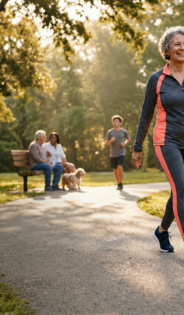 An older woman smiling as she walks along a sunny park path