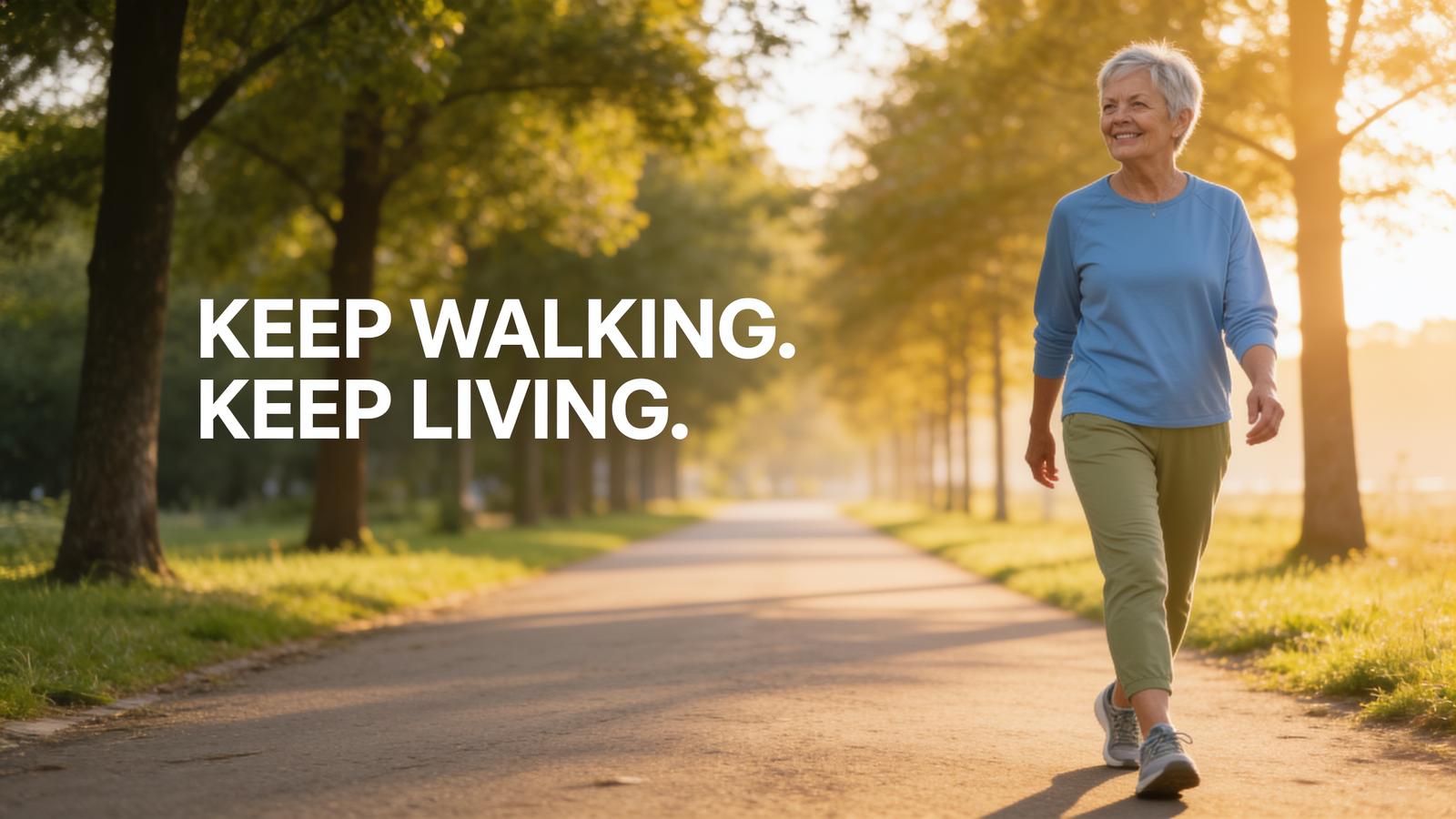 Older woman walking in a sunlit park with the message Keep Walking, Keep Living.