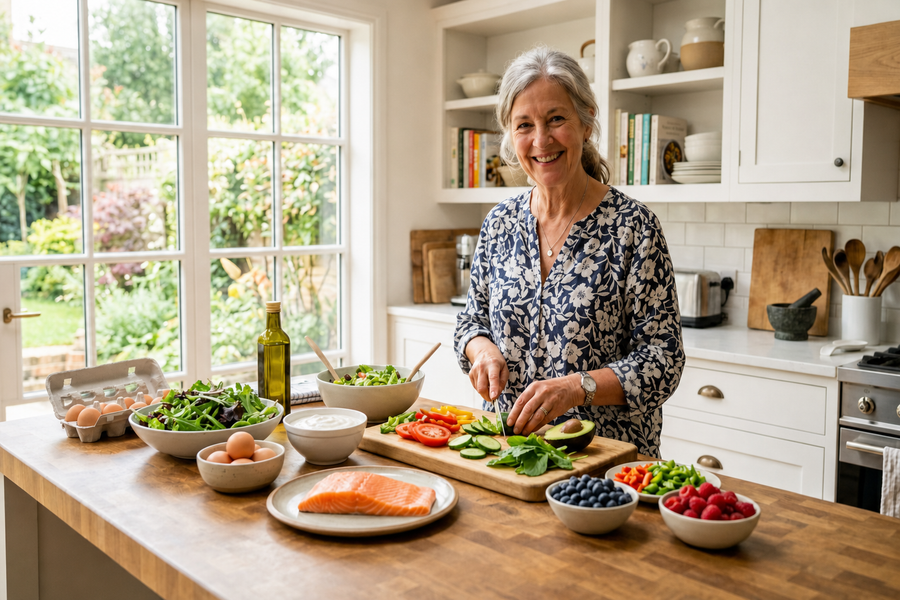 Older woman preparing a protein-rich meal with salmon, eggs, yogurt, vegetables, and berries on a kitchen counter