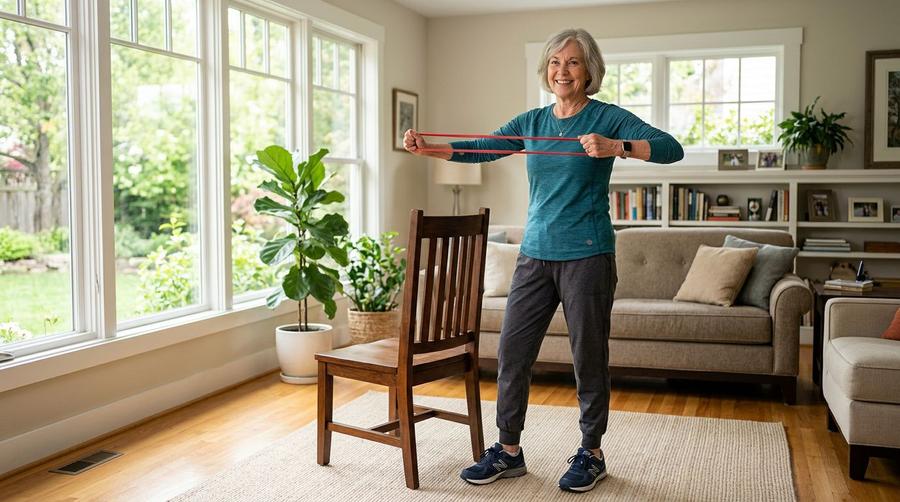 Older woman exercising at home with a red resistance band beside a wooden chair in a bright living room