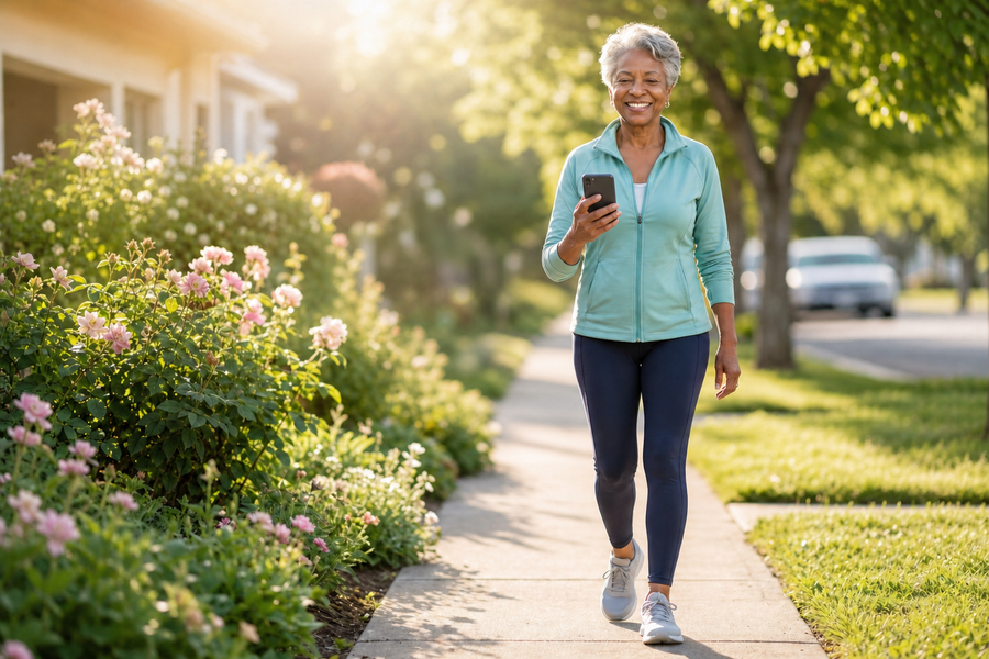 Older woman walking outdoors on a sunny neighborhood sidewalk lined with flowers