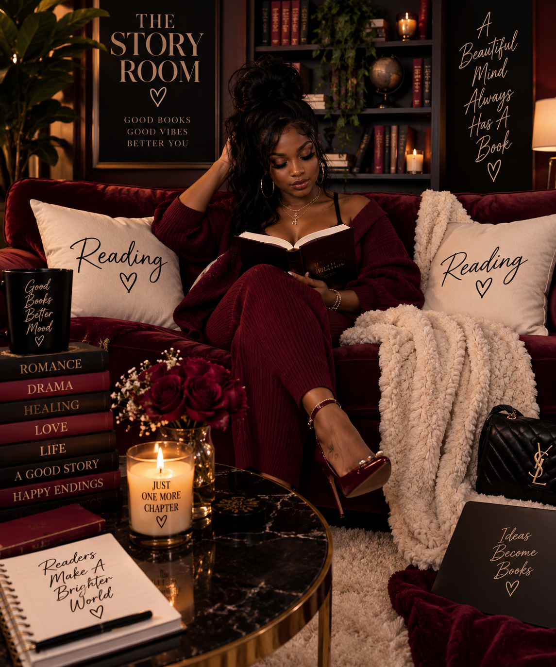 A woman reading in a warm burgundy Story Room surrounded by books, candles, and reading-room signs