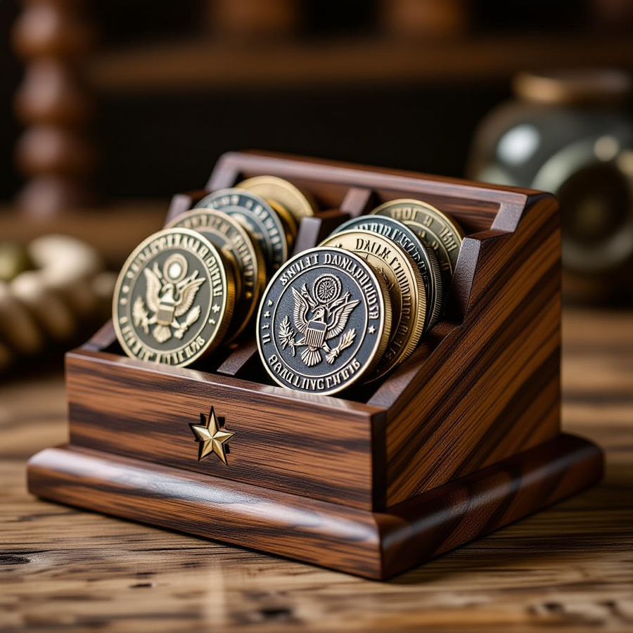 Wooden box for military challenge coins