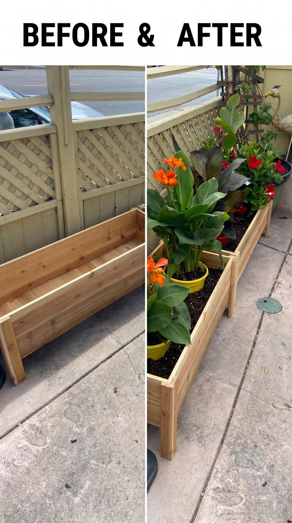 Before-and-after view of a raised planter build