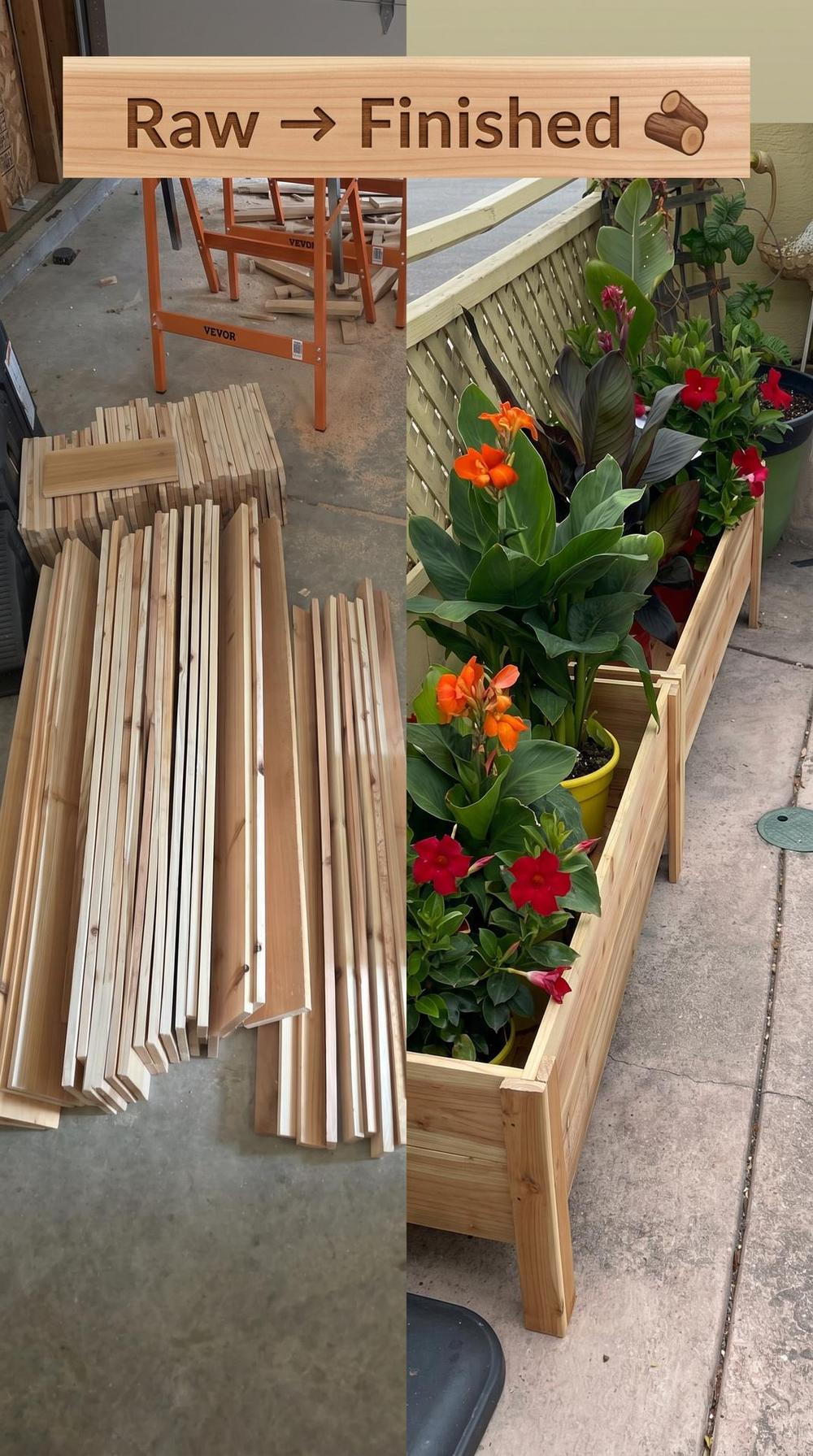 Raw lumber beside a finished raised planter