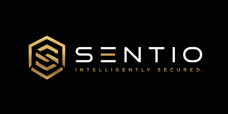 Sentio - Intelligently Secured logo with gold shield mark