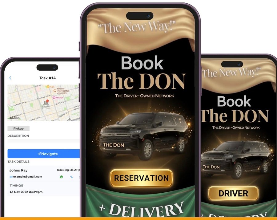 Three phones showing The Don app with reservation and driver screens, gold and black branding