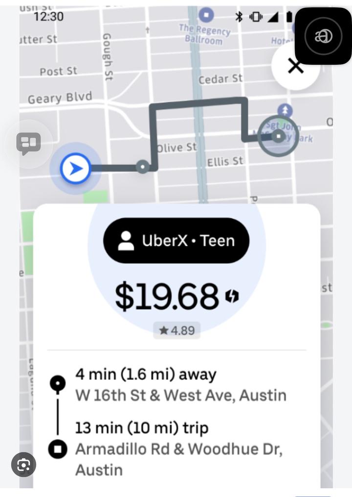 UberX · Teen ride offer screenshot showing a $19.68 fare and a 13-minute, 10-mile trip