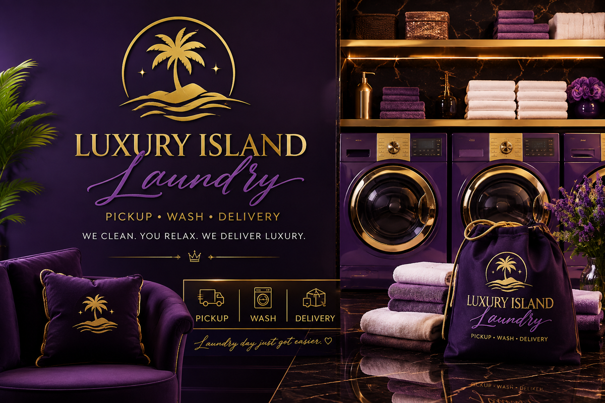 Luxury Island Laundry purple and gold laundry room brand artwork