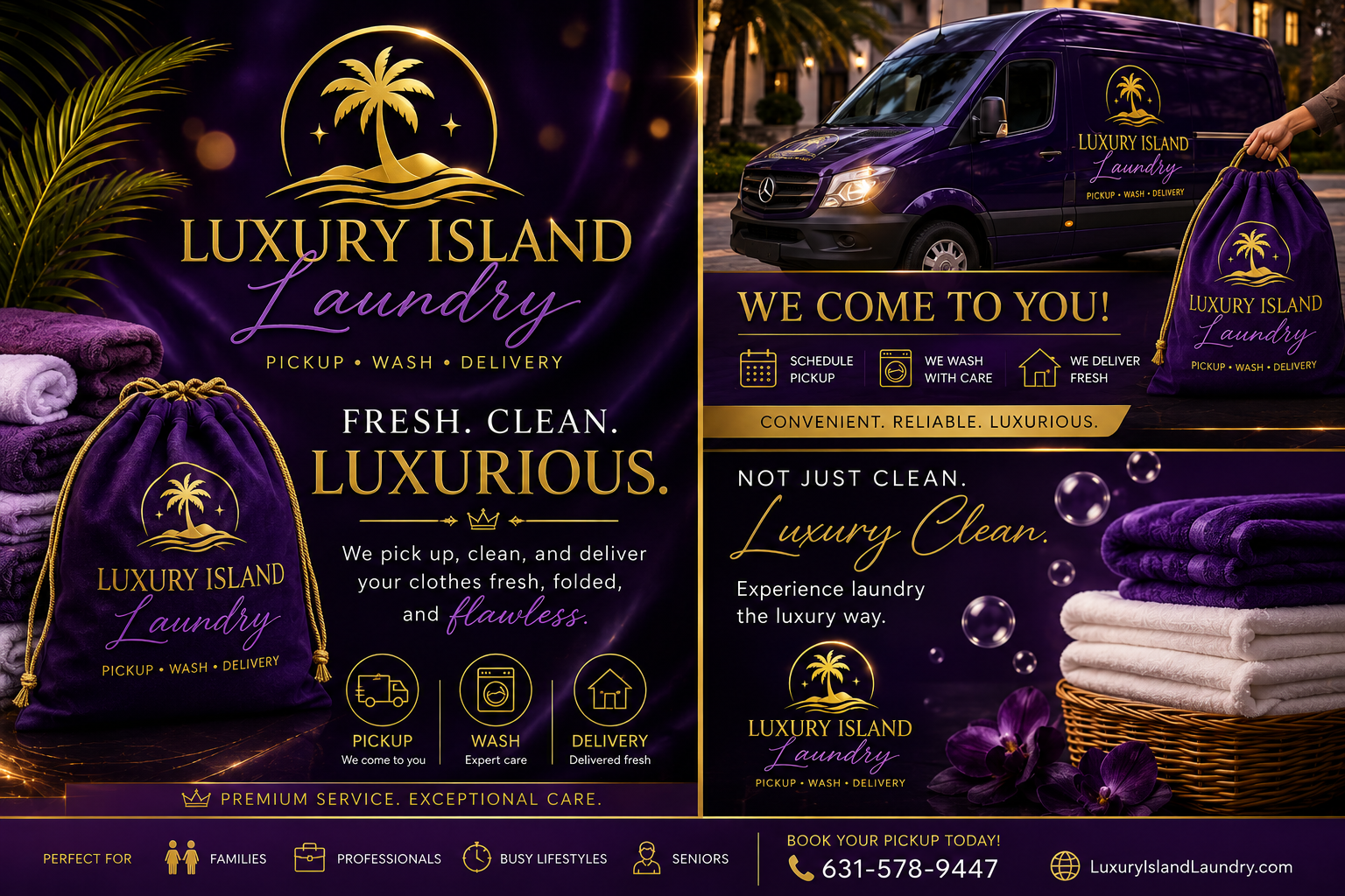 Luxury Island Laundry purple and gold brand artwork with pickup, wash, and delivery service