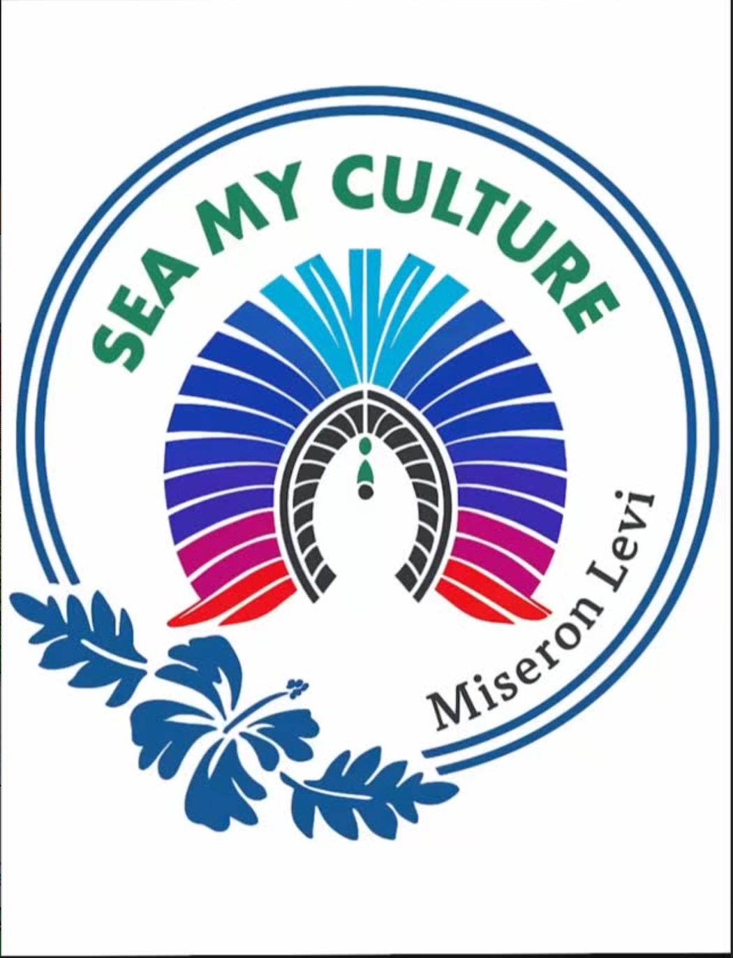 Circular Sea My Culture emblem with a multicoloured fan-shaped motif and blue foliage.