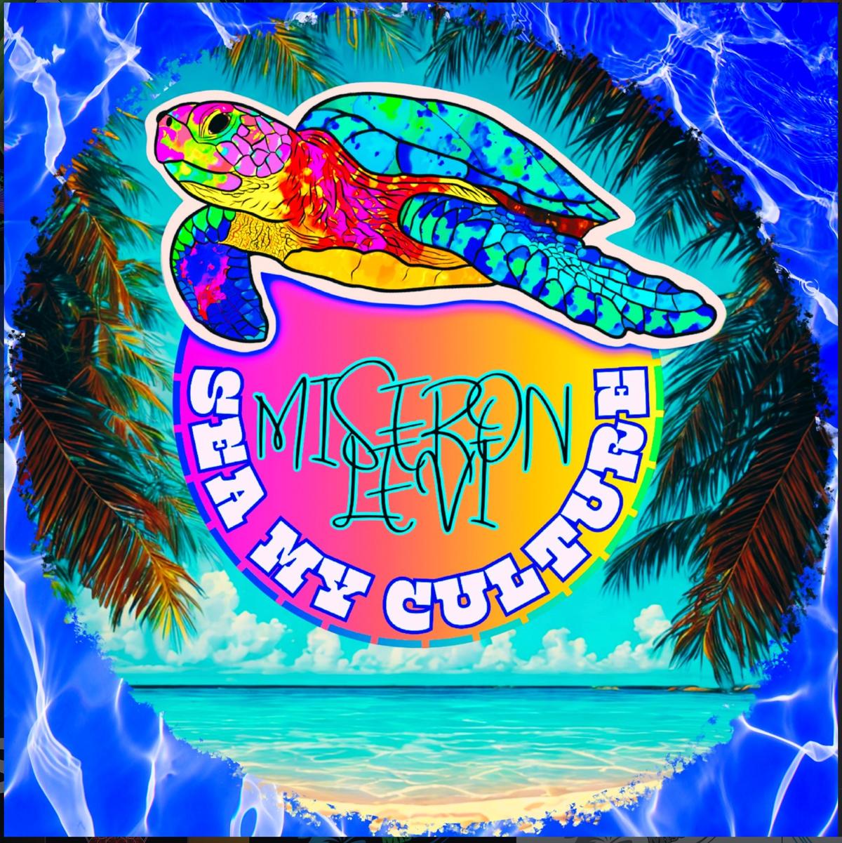 A bright sea turtle above the Sea My Culture emblem, surrounded by palm fronds and a tropical seascape.