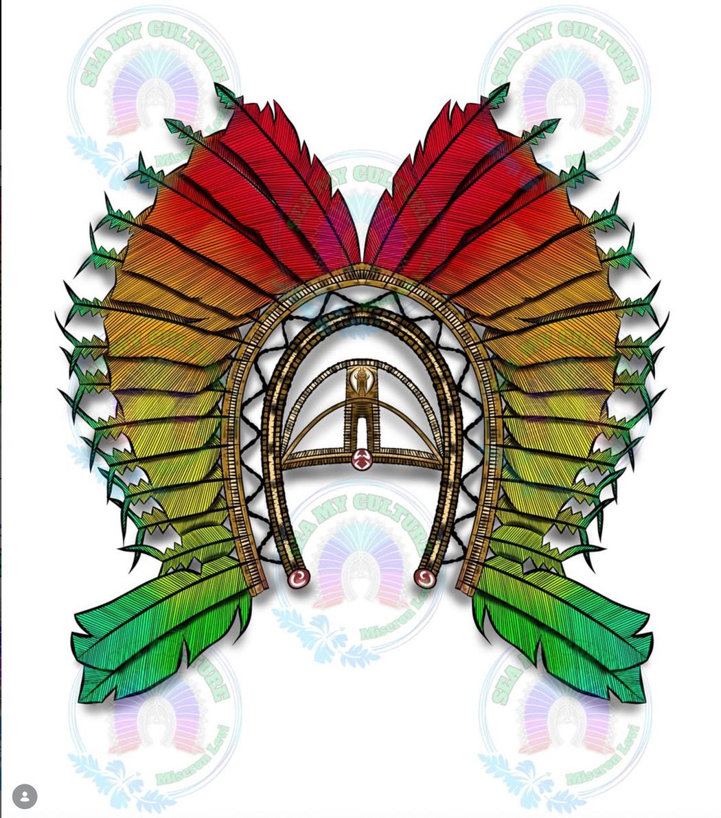 A layered feather crest in red, gold, green and black.