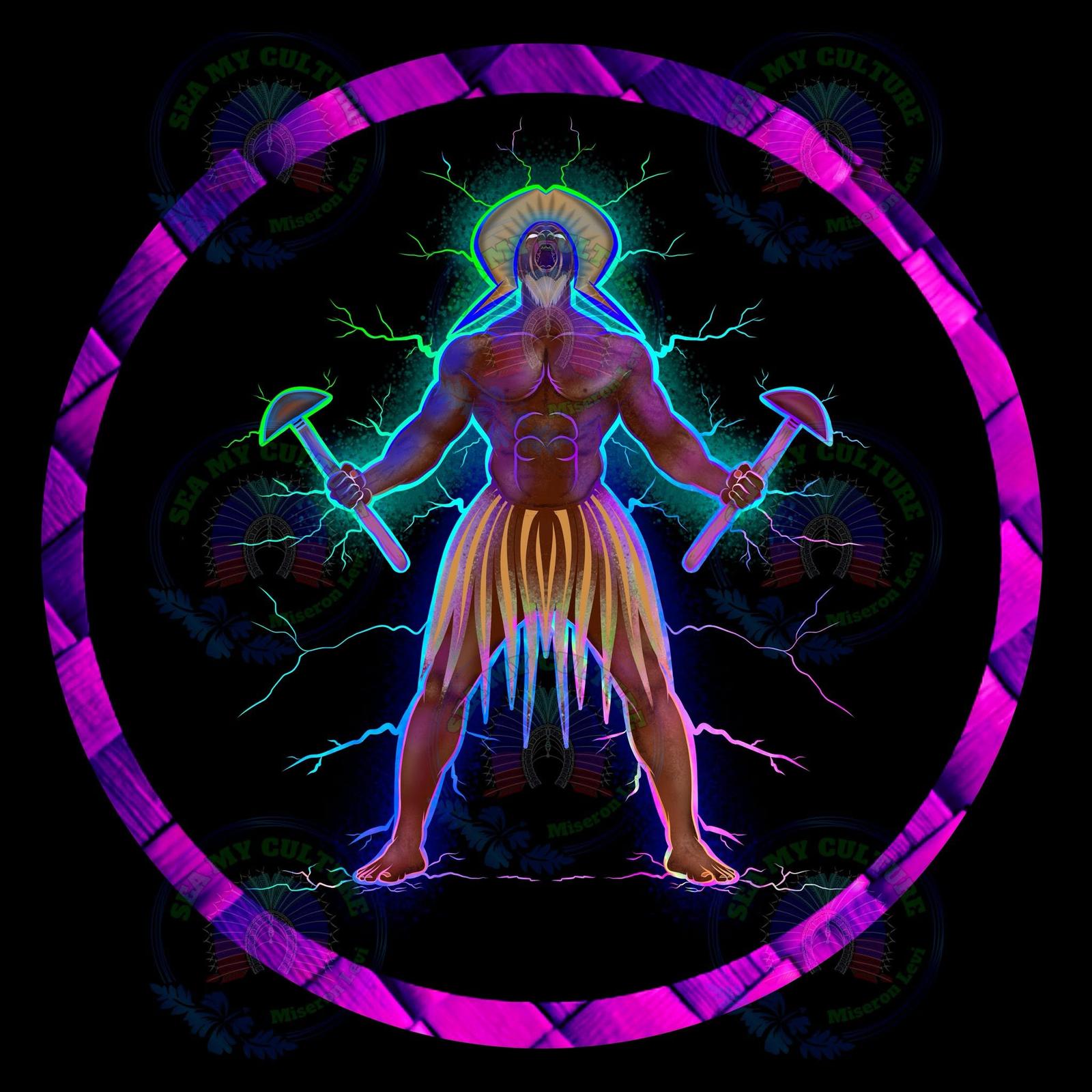 A central figure holding two staffs inside a magenta ring.