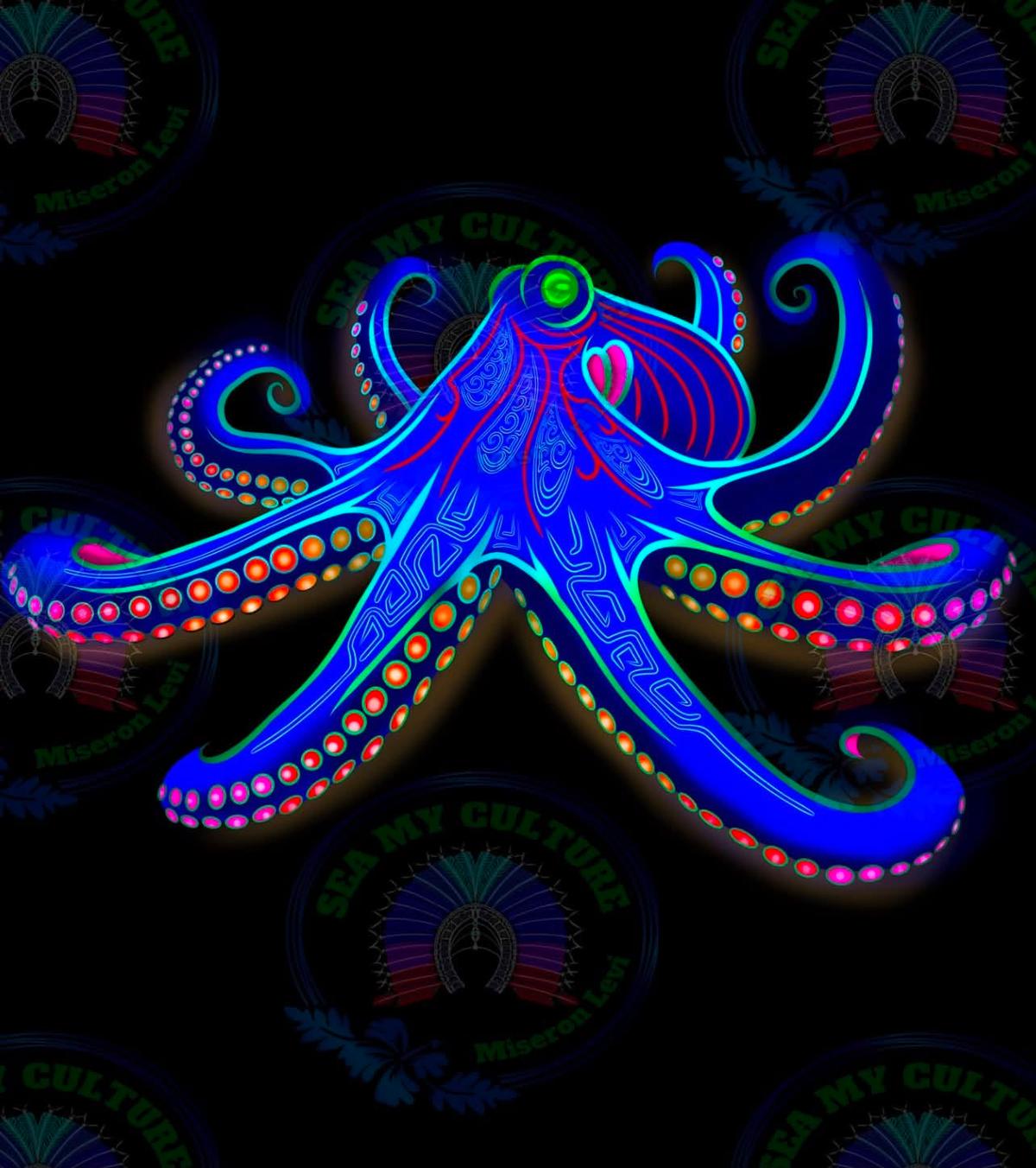 A vivid blue octopus with patterned tentacles.