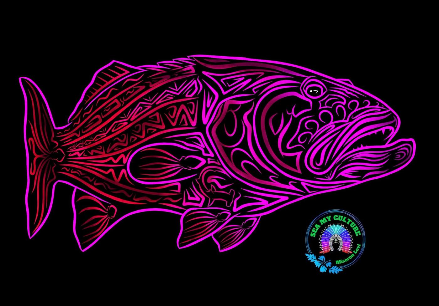 A fish outlined in magenta and filled with geometric linework.