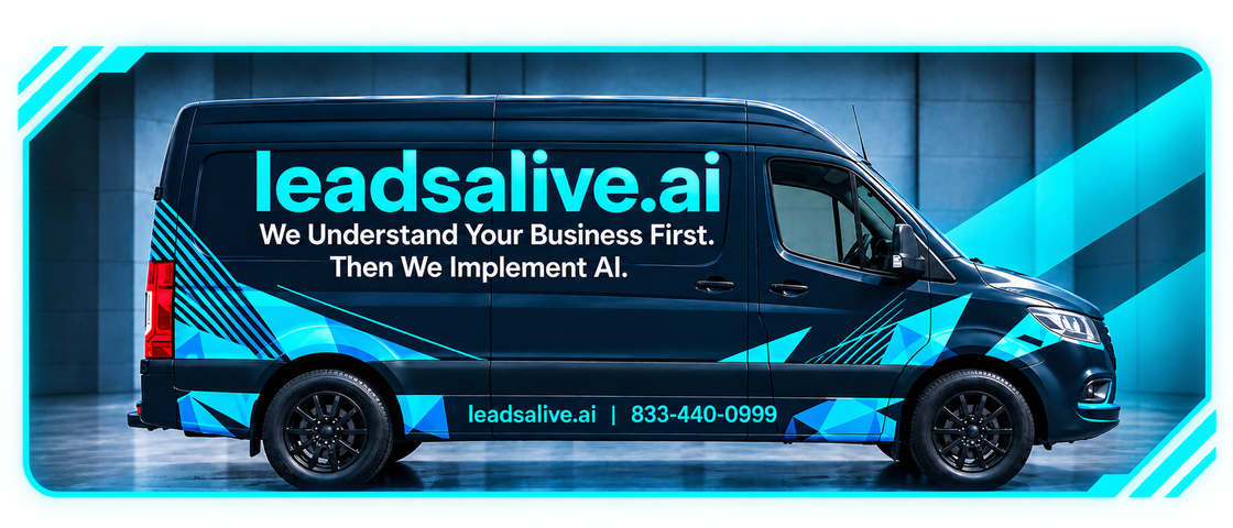 LeadsAlive.ai-branded van with a cyan geometric wrap and the message, We Understand Your Business First. Then We Implement AI.