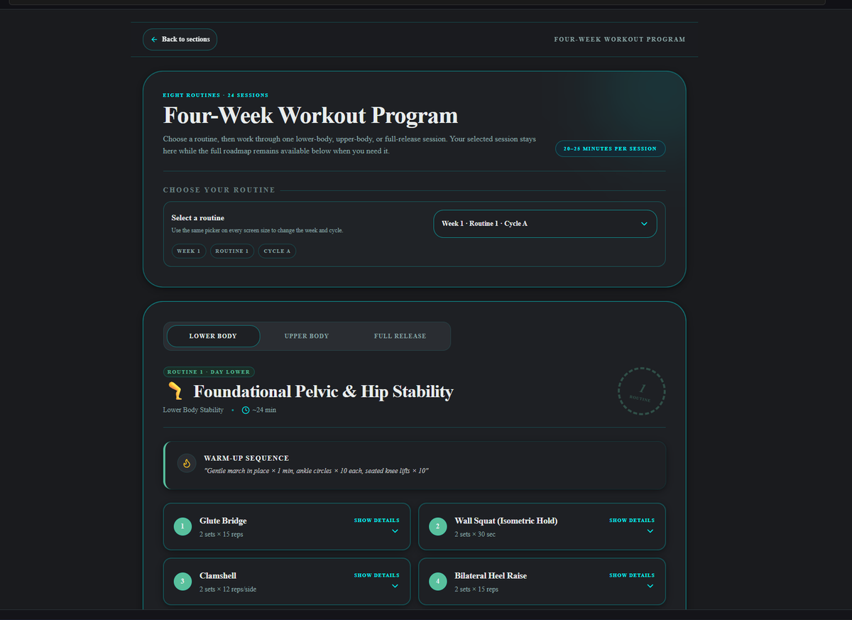 EDS workout system lower body routine screen with exercise list and timing labels
