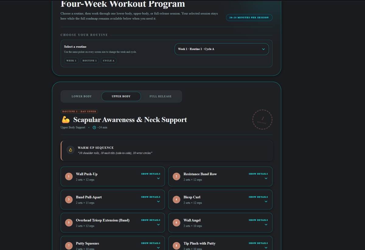 EDS workout system upper body routine screen with session details and exercise cards
