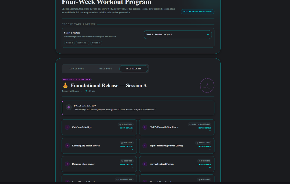 EDS workout system full release routine selector showing week routine and cycle labels