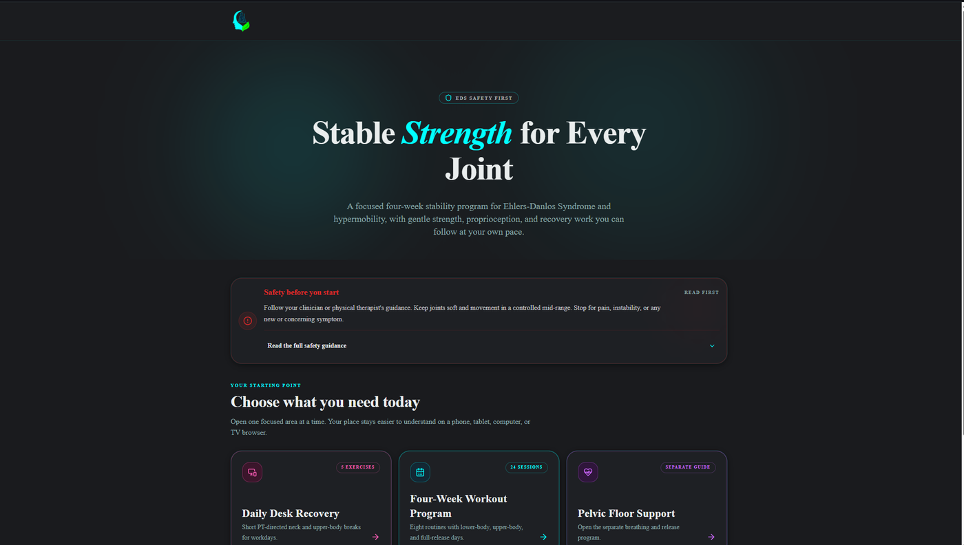 EDS workout system welcome screen with safety guidance and starting-point cards