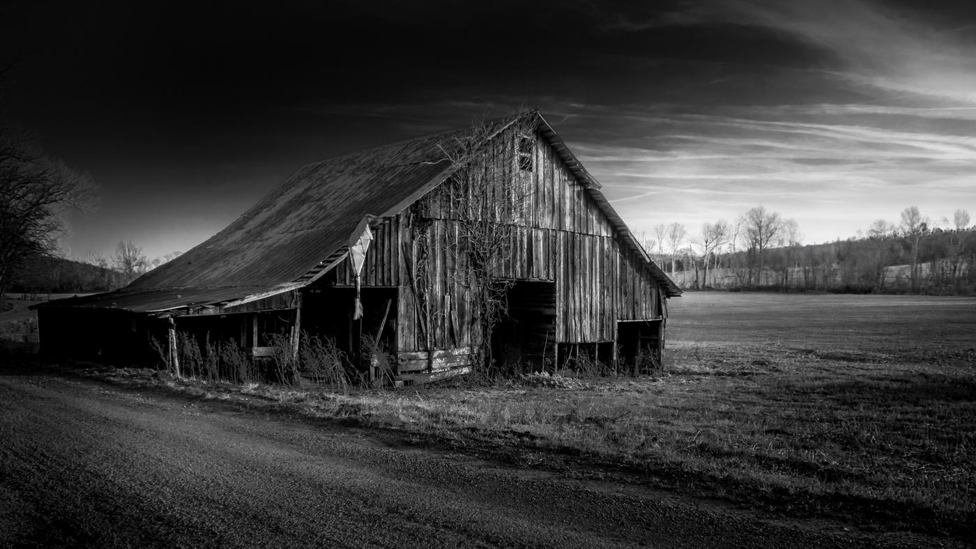 Black-and-white photograph of a weathered barn beside an open rural road and fields