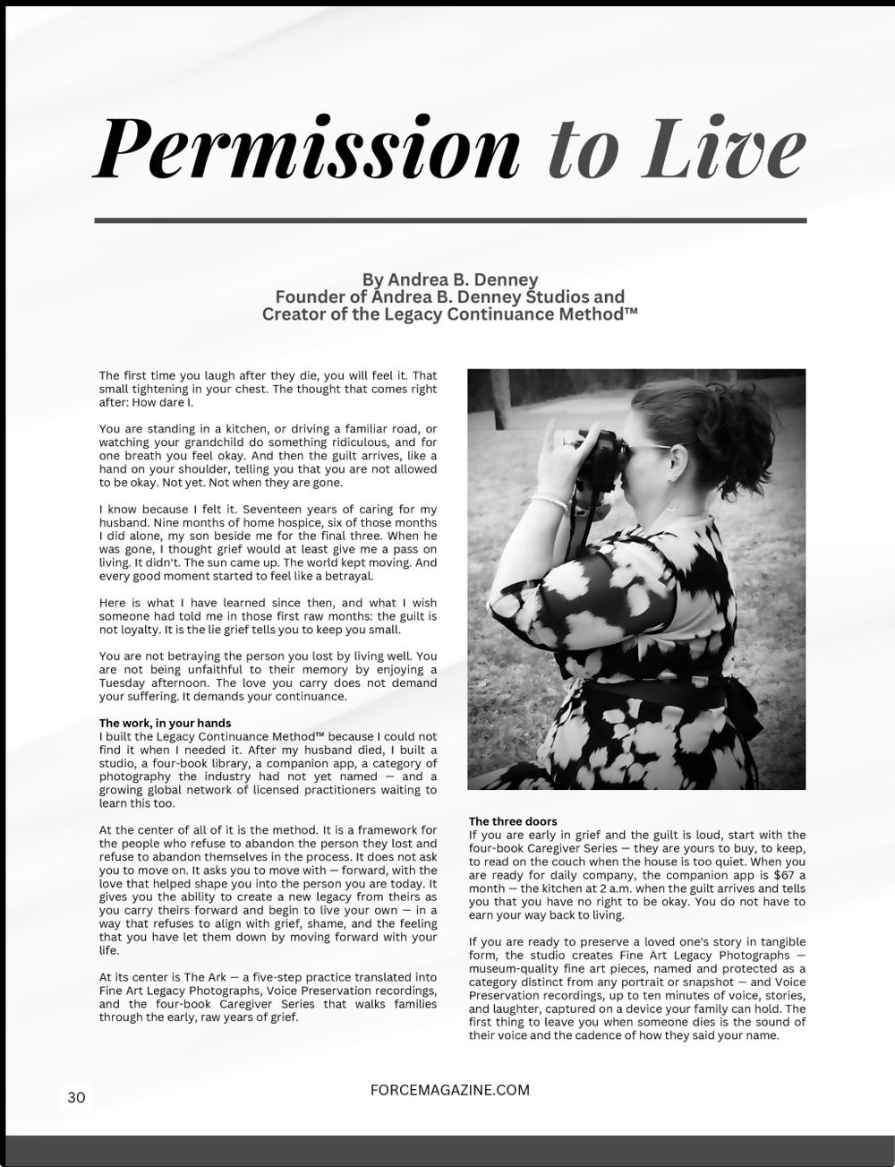 FORCE Magazine page 30 of Andrea B. Denney’s first-person essay Permission to Live, with a black-and-white portrait and article text.