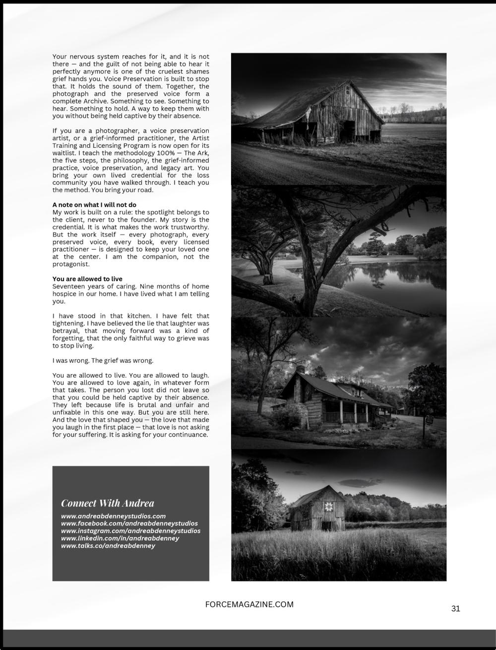 FORCE Magazine page 31 of Andrea B. Denney’s first-person essay Permission to Live, with black-and-white legacy photographs and article text.