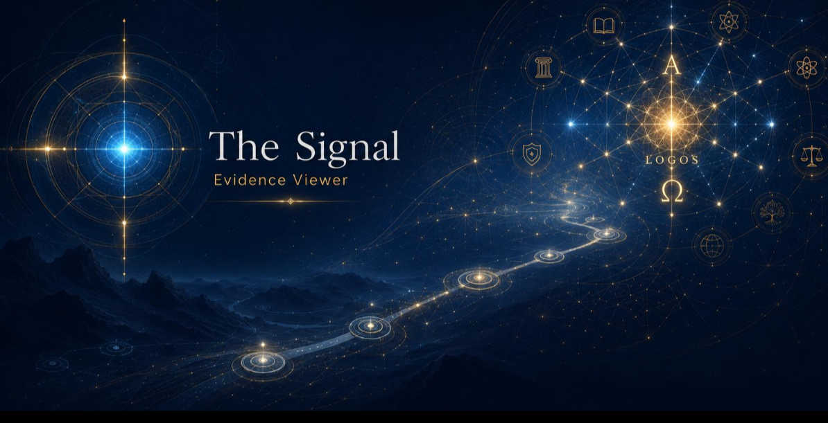 A deep navy cosmic landscape traced by luminous blue and gold orbital geometry, with a path of light and the words ‘The Signal’ and ‘Evidence Viewer.’