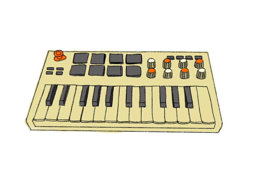 Hand-drawn pale-yellow keyboard with orange controls.