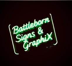 Green neon Battle-Born Signs and GraphiX sign glowing against a dark wall.