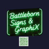 Battle-Born Signs and GraphiX LLC official logo with neon-green lettering and a QR code.