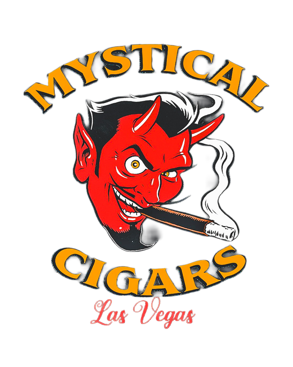 Red illustrated character with gold Mythical Cigars lettering and a cigar graphic.