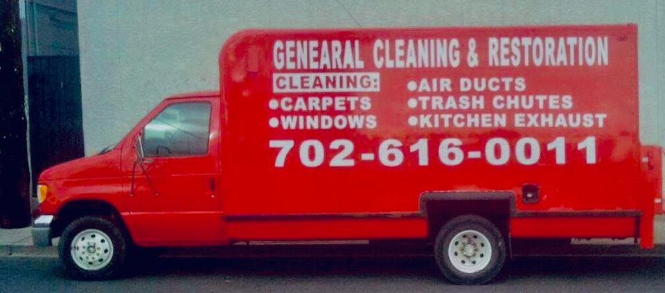 Red service van with large white cleaning and restoration lettering.