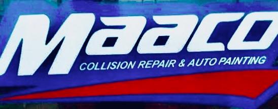 Close-up of a blue, red, and white MAACO sign reading Collision Repair & Auto Painting.