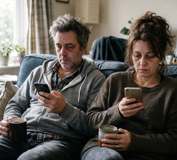Couple feeling drained while looking at phones at home