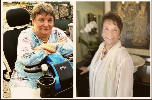 Before and after wellness transformation showing journey from using mobility support outdoors to standing independently indoors with renewed energy and bright smile